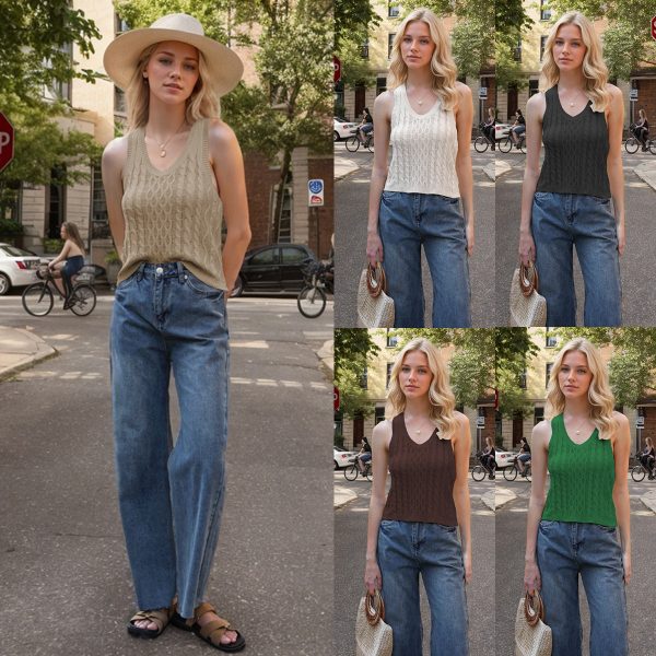 Women's V-neck Tank Vest Fashion Casual Knitted Solid Color Tops - Image 7