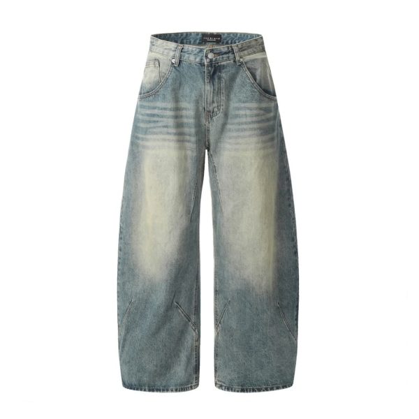 Retro Design Deconstructed Pleated Washed Blue Jeans - Image 6