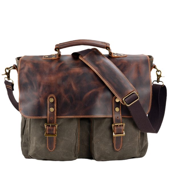 Waterproof Canvas Stitching Leather Briefcase Handbag - Image 5