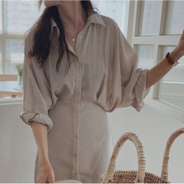Loose Slimming Shirt Long Skirt Over The Knee French Retro Cotton Linen Dress - Image 3