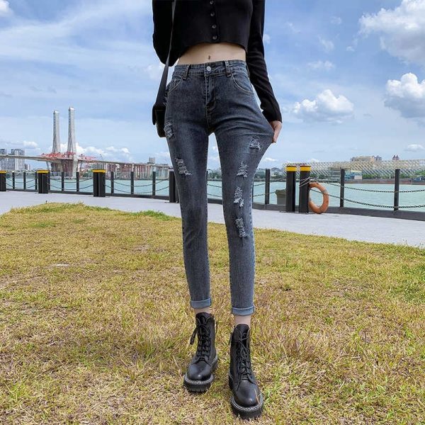 Cropped Jeans Women's Skinny Stretch Tight Ripped Pencil Pants - Image 4