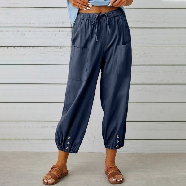 Loose High Waist Button Cotton And Linen Trousers Cropped Pants Wide Leg Women's Pants - Image 10