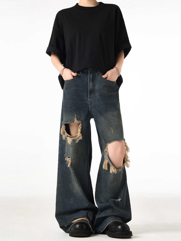 Couple Hole Worn Jeans Wide-leg Pants - Image 2