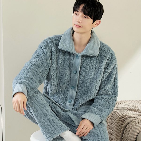 Men's Long Sleeve Cardigan Pajamas Outer Wear Coral Fleece Home Wear - Image 8