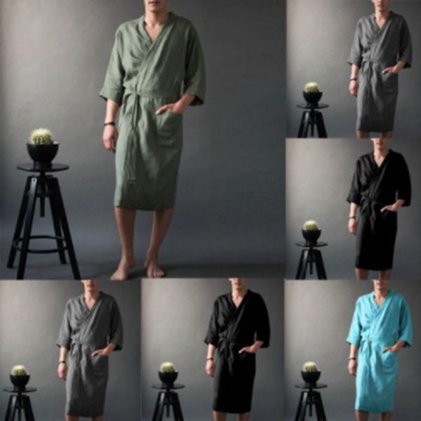 Men's And Women's Long Solid Color Linen Pajamas Robe Bathrobe - Image 10