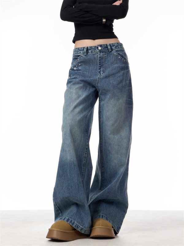 Women's Rivet High Waist Wide Leg Jeans Baggy Straight Trousers - Image 5