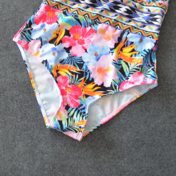 Sexy Mesh One Piece Swimsuit High Cut Swimwear Women Floral Bathing Suit Patchwork Bikini - Image 3