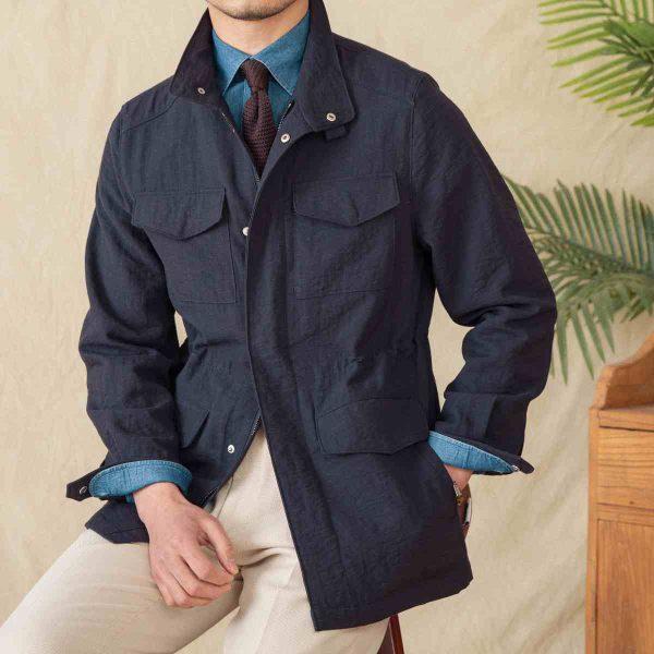 Stand Collar Jacket Linen Blended Breathable Gentry Safari Jacket Coat - Image 3