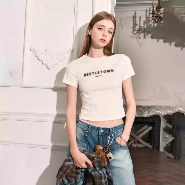 Fuzzy Letter Slim Fit Short T-shirt For Women - Image 5