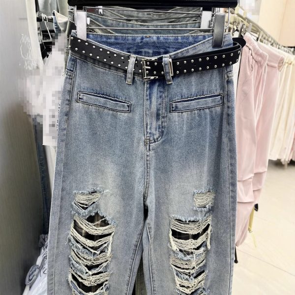 Blue With Holes Design Straight Jeans - Image 3