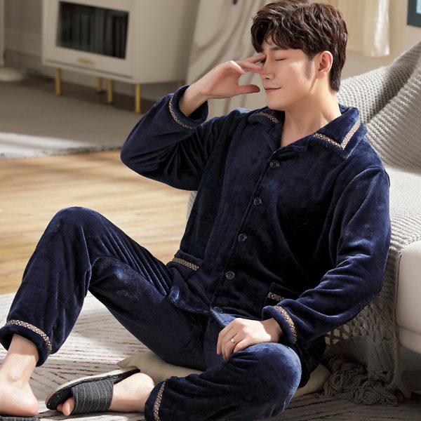 Autumn And Winter Flannel Men's Pajamas Men's Lapel Cardigan - Image 5