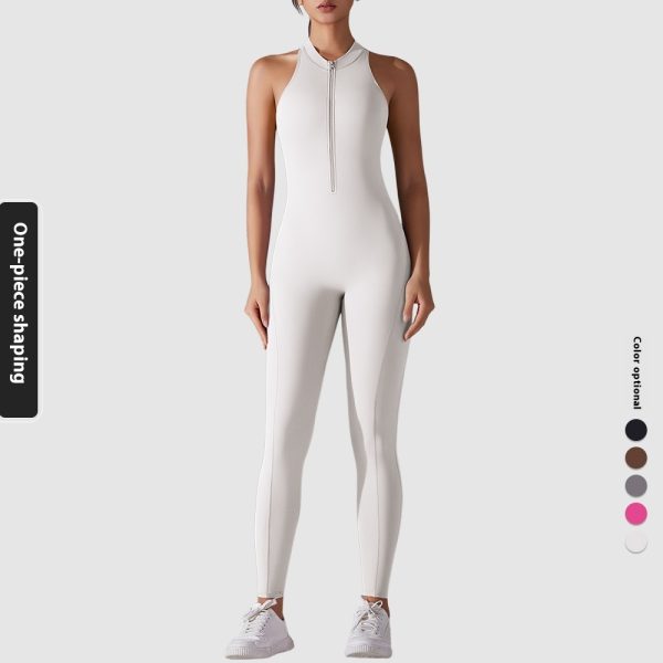 Solid Color Nude Feel High Strength Tight Sports Back Shaping Long Jumpsuit - Image 3