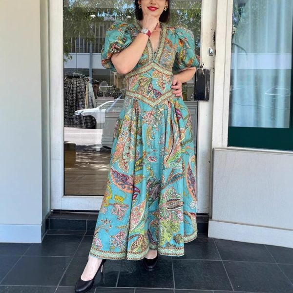 Printed Lantern Sleeve Dress Loose Vacation - Image 4
