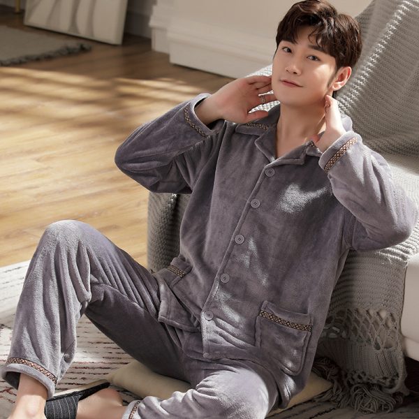Autumn And Winter Flannel Men's Pajamas Men's Lapel Cardigan - Image 4