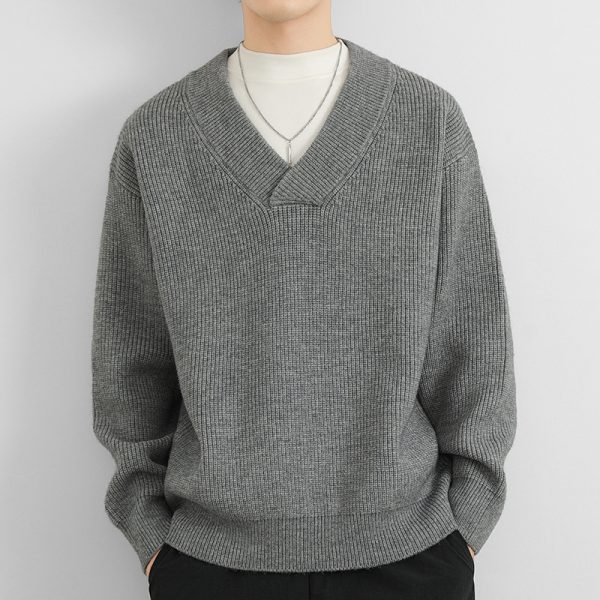 New V-neck Fashion Men's Solid Color Coarse Yarn Knitted Sweater - Image 3