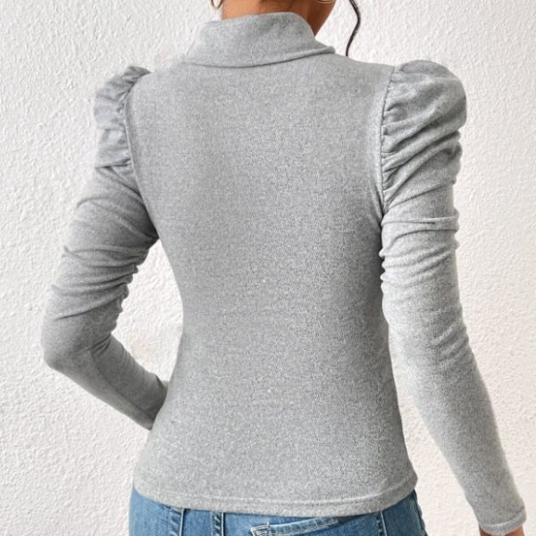 Women's High Neck Solid Color Bubble Sleeve Slim Fit Base T-shirt - Image 2