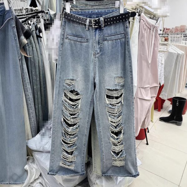 Blue With Holes Design Straight Jeans