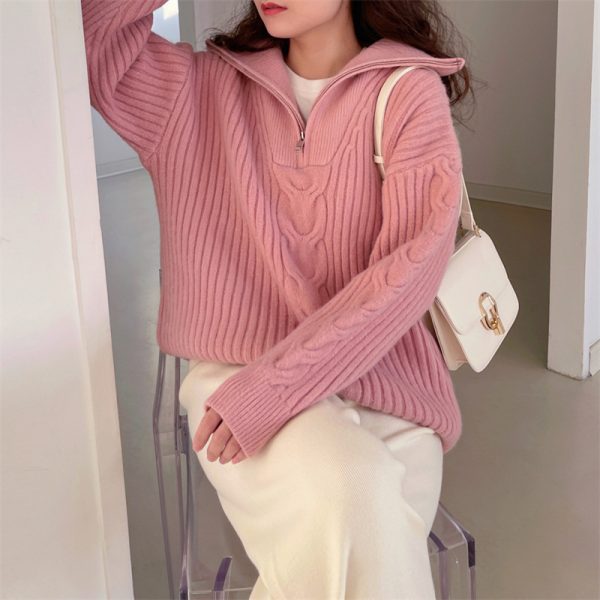 Half Zipper And Lapel Thick Sweater For Women Autumn And Winter - Image 6