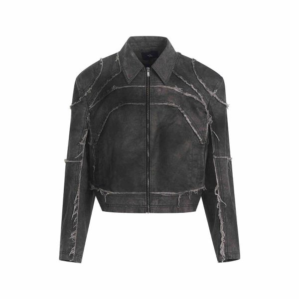 Short Gray Padded Shoulder Denim Coat - Image 4