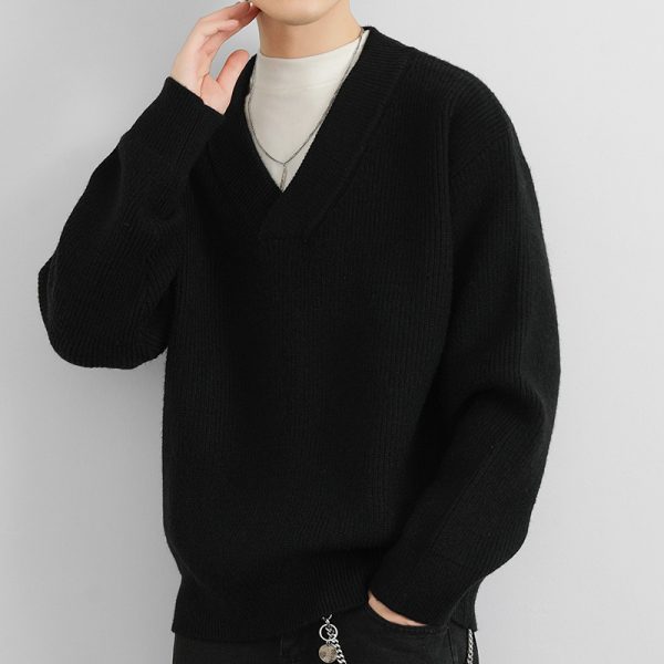 New V-neck Fashion Men's Solid Color Coarse Yarn Knitted Sweater - Image 2