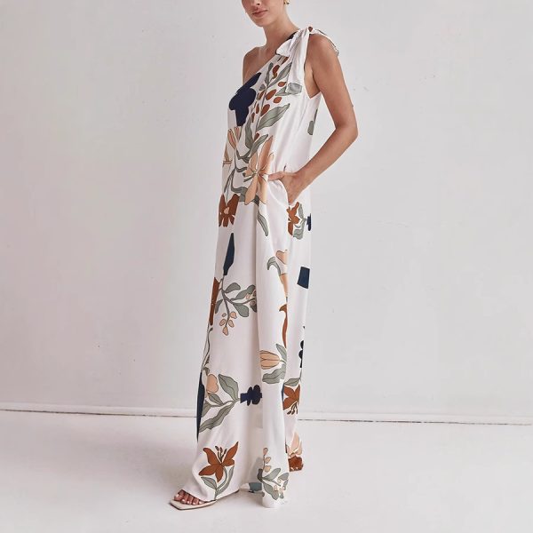 Oblique Shoulder Printed Pocket Dress Loose - Image 4