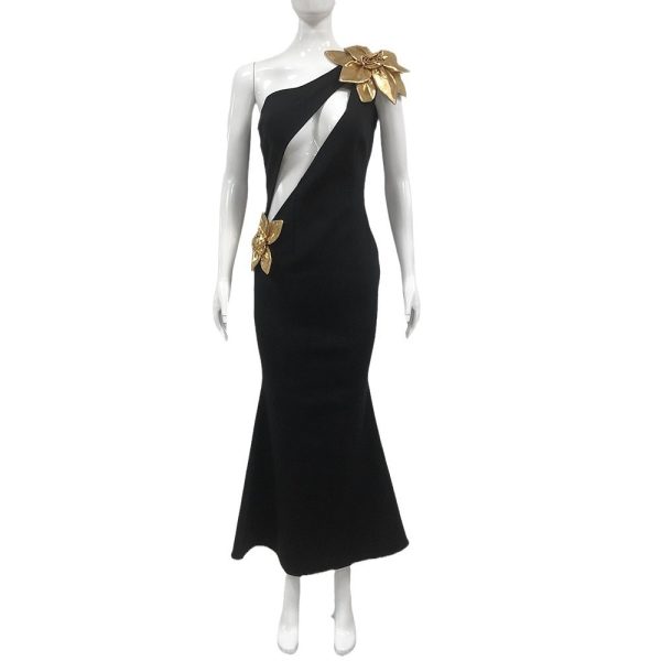 Slim-fit Bandage Golden Flower Maxi Dress - Image 5