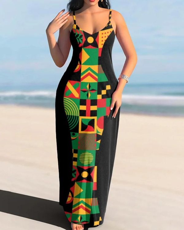 Women's V-neck Strap Long Printed Casual Fashion Dress - Image 3