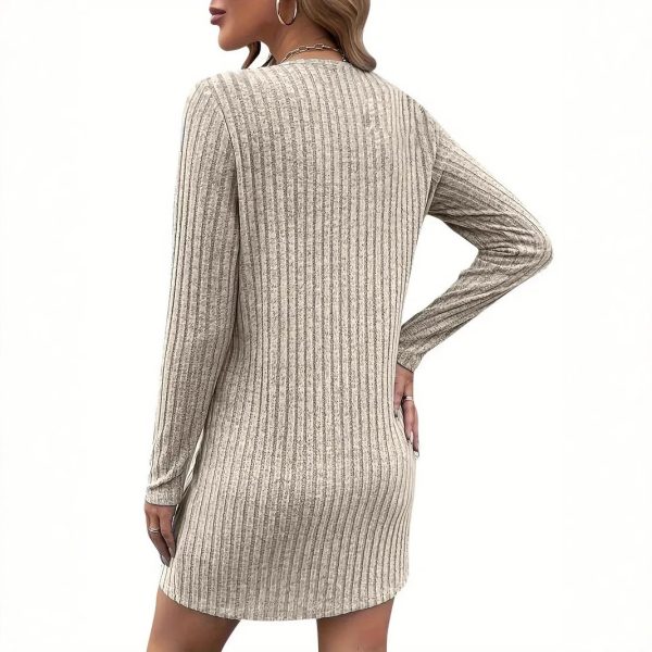 Elegant V-neck Zipper Sunken Stripe Ladies Dress - Image 4
