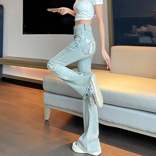 Bow Lace Stitching High Waist Casual Horseshoe Flared Pants - Image 2