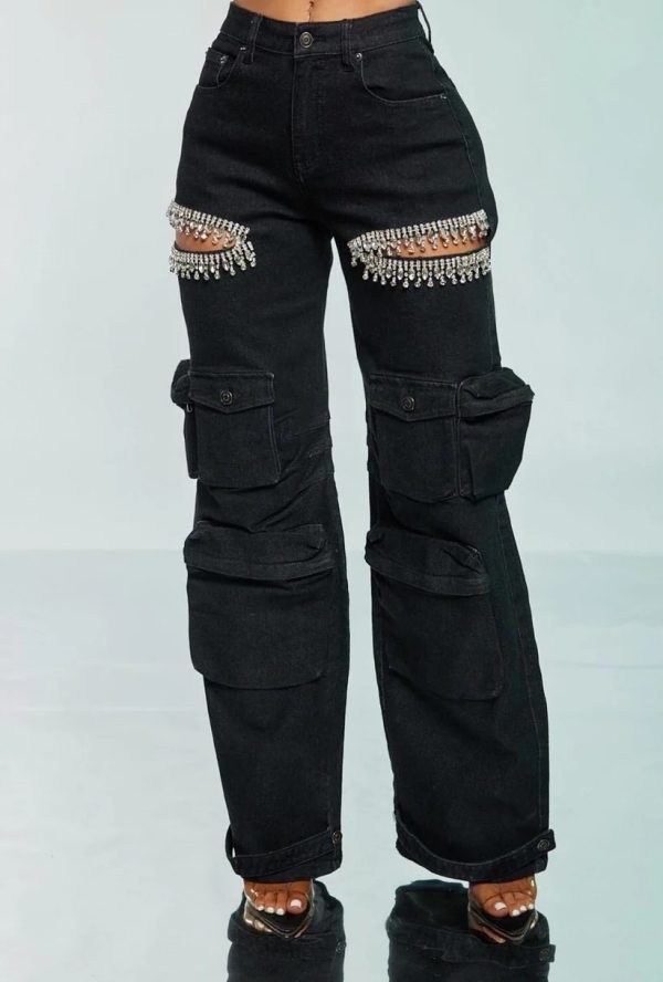 Women's Hollow-out Diamond Decorations Workwear Multi-pocket Stretch Jeans - Image 7