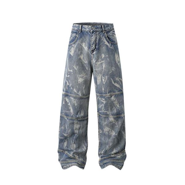 Street Fashion Hip Hop Inkjet Washed Distressed Stitching Straight Jeans - Image 4