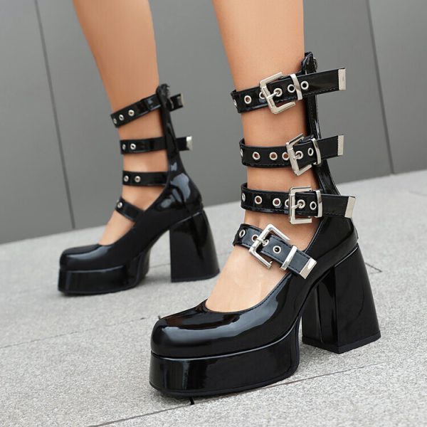 Sweet Cool Chunky Heel High Heel Leather Shoes - Image 2