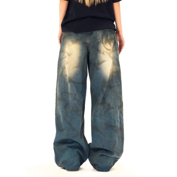Wide Leg Straight Waste Soil Wind Contrast Color Inkjet Jeans Men - Image 2