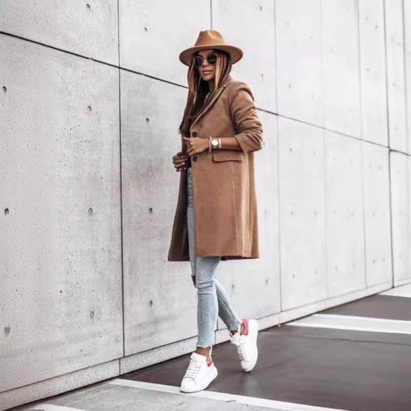 Autumn And Winter Simplicity Long Sleeve Button Woolen Coat - Image 5