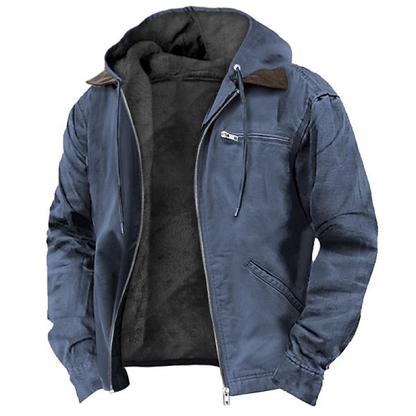 Solid Color Hooded Casual Men's Fleece Zipper Pocket Jacket Coat - Image 2