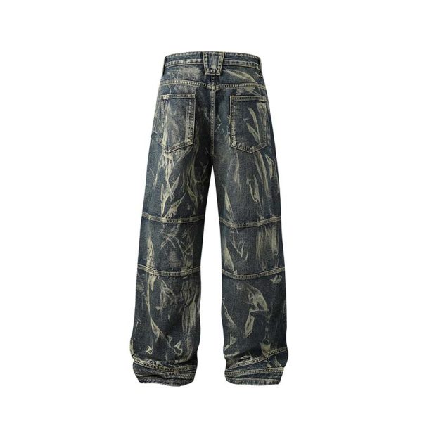 Street Fashion Hip Hop Inkjet Washed Distressed Stitching Straight Jeans - Image 3