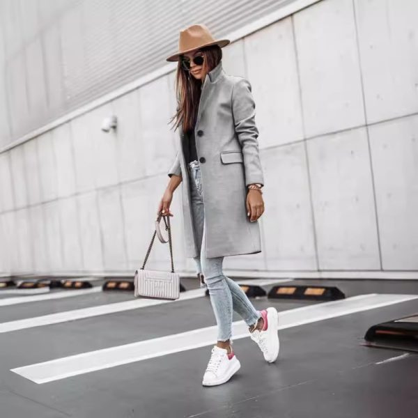 Autumn And Winter Simplicity Long Sleeve Button Woolen Coat - Image 3