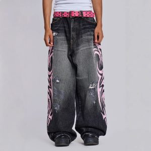 Water Washed Hole Printed Jeans