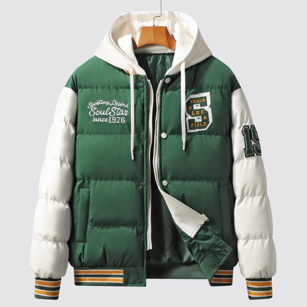 Men's Korean-style Slim-fit Green Hooded Thickened Thermal Coat - Image 4