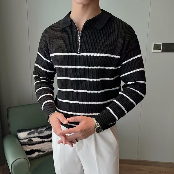Design Half Zipper Striped Sweater For Men - Image 6