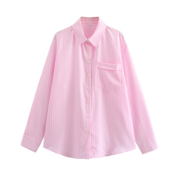 Four-color Striped Single-mouth Pocket Decoration Loose Women's Shirt - Image 6