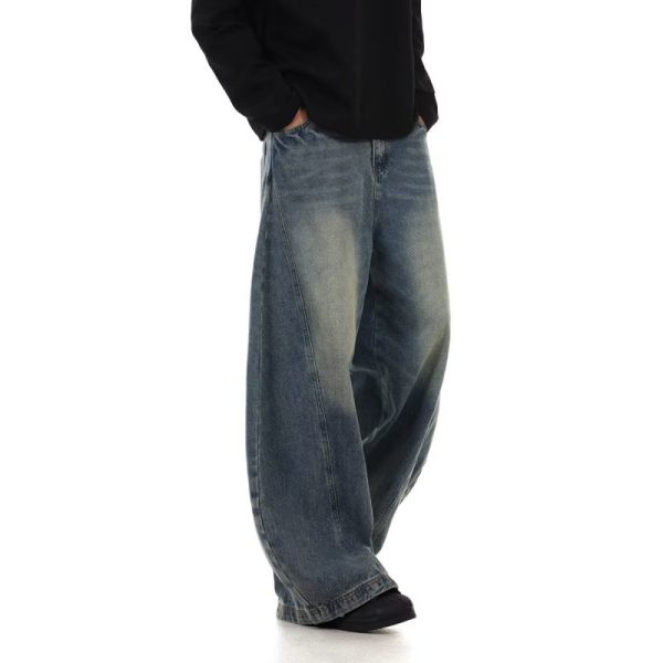 Men's American Retro Washed Design Wide Leg Loose Jeans - Image 4