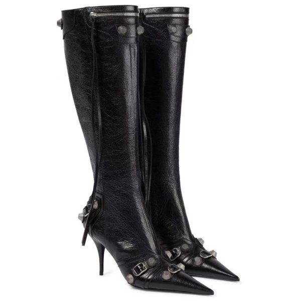 Stiletto Heel Pointed-toe Side Zip Metal Rivet Boots - Image 4