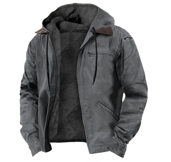 Solid Color Hooded Casual Men's Fleece Zipper Pocket Jacket Coat - Image 6