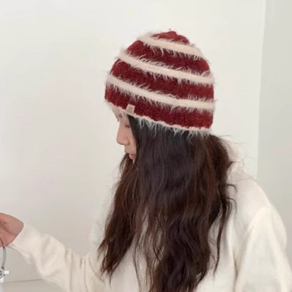 Striped Plush Knitted Hat All-matching - Image 4