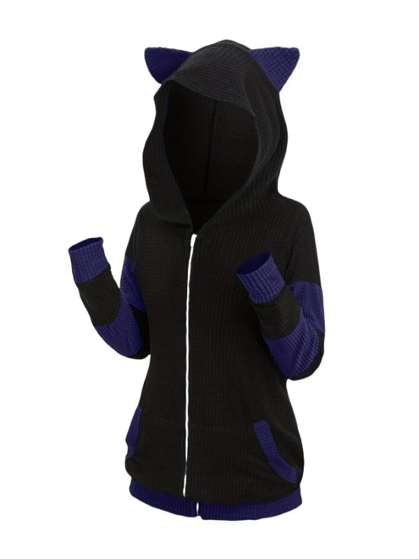 Women's Thickened Cat Ear Zipper Color Stitching Hoodie - Image 9