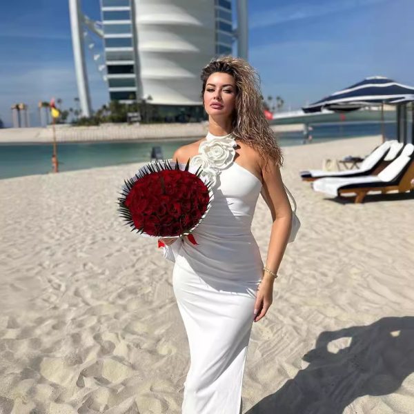 New Style White Ribbon Flower Halter Long High Sense Dress - Image 3