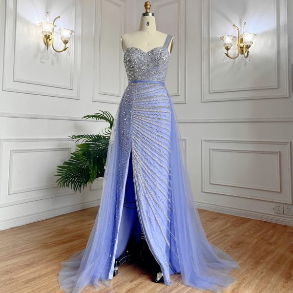 Blue Handmade Beaded Split Shoulder Fishtail Dress - Image 6