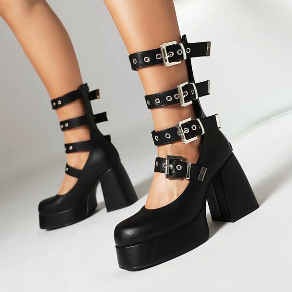Sweet Cool Chunky Heel High Heel Leather Shoes - Image 4