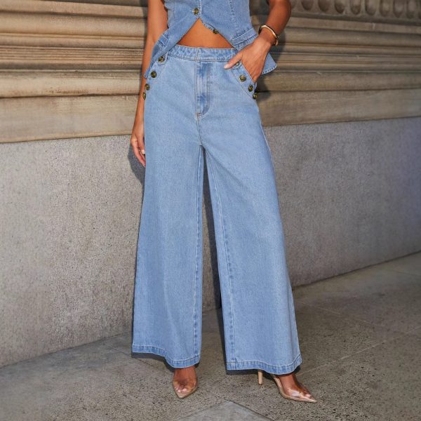 Fashion Sleeveless Denim Suit Wide Leg Pants - Image 6